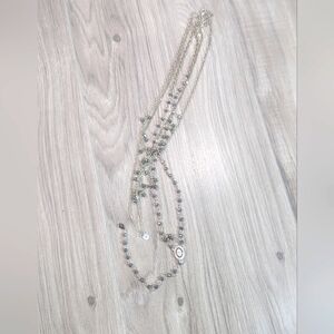 Rosary Necklace Silver Black Beaded Sparkly Layered Look Fashion 22"